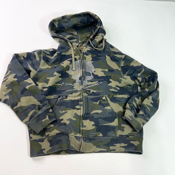 Marc Ecko Hoodie Mens Large Army Green Camo Skull Print Full Zip - Picture 1 of 11